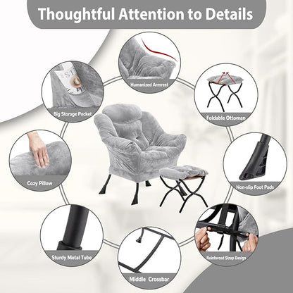 Youtanic Lazy Chair with Folding Ottoman, Accent Chair Plush Upholstered with Metal Structure and Non-Slip Pads, Sofa Armchair with Footrest and Side Storage Bag for Dorm, Room, Office, Light Gray
