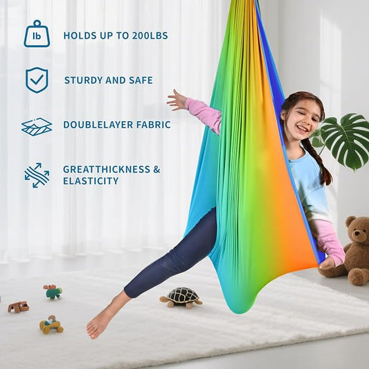OUTREE Double Layer Therapy Swing with 360 Swivel Hanger, Healing & Relaxing Cuddle Swing for Kids and Adults with Autism, ADHD, Sensory Processing Disorder (Orange-Green Gradient)