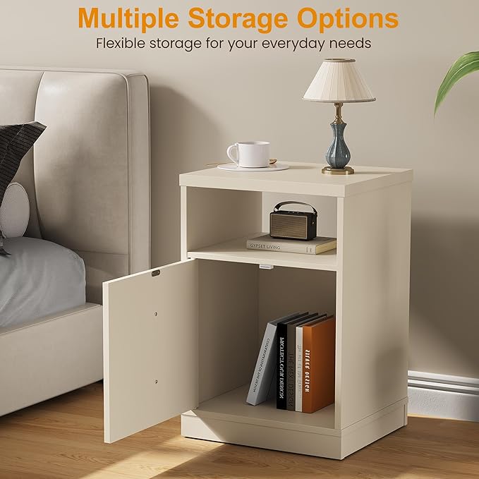 RoyalCraft Beige Nightstand with Storage Shelf and Door, Faux Two-Drawer Design Side Table, Modern Night Stand for Bedroom Dorm, Wood End Table for Small Spaces