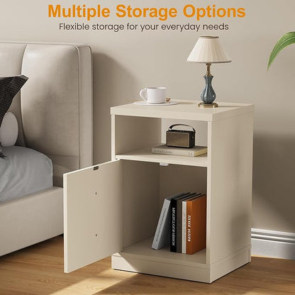 RoyalCraft Beige Nightstand with Storage Shelf and Door, Faux Two-Drawer Design Side Table, Modern Night Stand for Bedroom Dorm, Wood End Table for Small Spaces