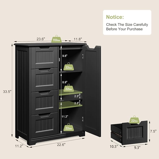 Gizoon Small Pantry Cabinet with Door and Shelves, 33'' Kitchen Pantry Cabinet Freestanding Wooden Bathroom Storage Cabinet with 4 Drawers for Kitchen and Dining Room, Black, Painted