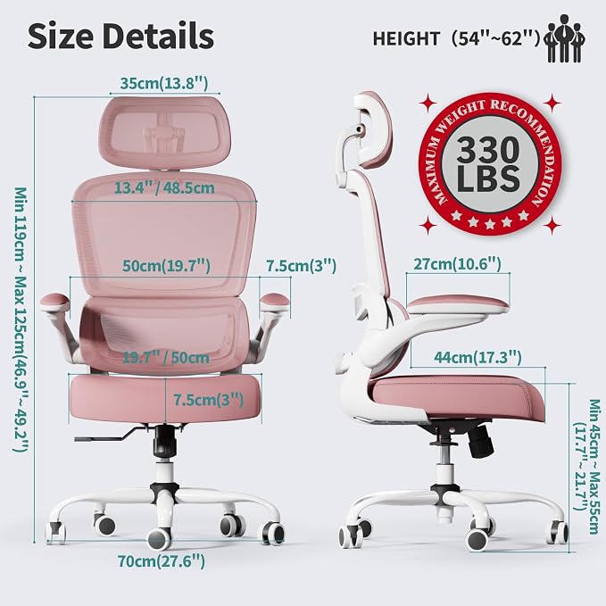 TRALT Office Chair Ergonomic Desk Chair, 330 LBS Home Mesh Office Desk Chairs with Wheels, Comfortable Gaming Chairs (1, Pink)