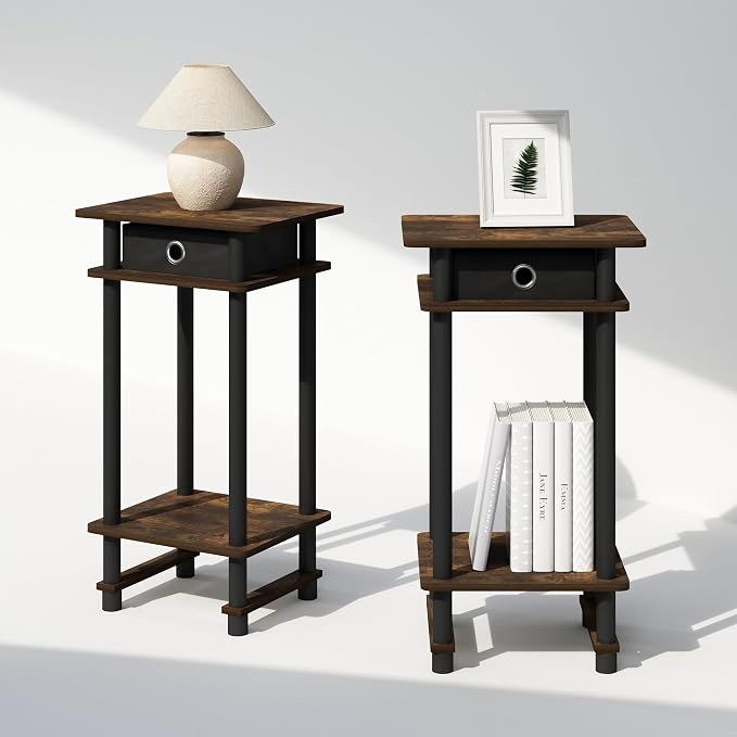 Furinno Turn-N-Tube Tall Nightstand with Bin, 2-Pack, Plastic Poles, Amber Pine/Black | Tall Narrow, Open Shelf Design Nightstand with Storage Bin, Bedside Table, End Table, Side Table, for Bedroom, Closet, Dorm