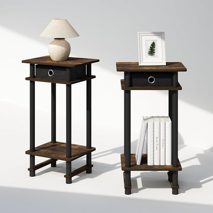 Furinno Turn-N-Tube Tall Nightstand with Bin, 2-Pack, Plastic Poles, Amber Pine/Black | Tall Narrow, Open Shelf Design Nightstand with Storage Bin, Bedside Table, End Table, Side Table, for Bedroom, Closet, Dorm