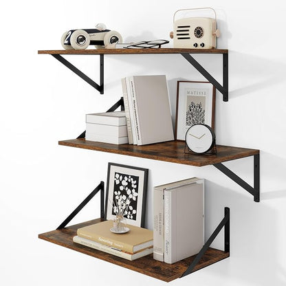 24"W x 12"D Wall Shelves for Books, 12 Inch Deep Floating Shelves Set of 3, Wide Floating Bookshelf with Metal Bracket for Living Room, Kitchen, Office, Bedroom and Decor Storage - Rustic Brown