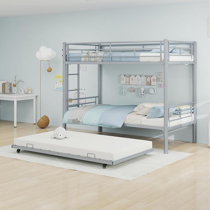 Metal Bunk Bed with Trundle, Space-Saving Bunk Bed Twin Over Twin with Ladders and Safety Guardrail, Heavy Duty Twin Bed Frames, No Box Spring Needed and Noise Free(Silver)