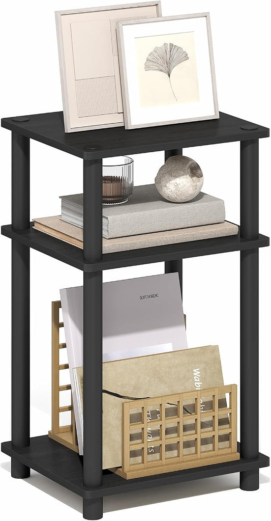Furinno Turn-N-Tube Side Table, 3-Tier End Table with Open Shelf, Toolless Assembly Night Stand, Bedside Table, for Living Room, Bedroom, Dark Americano