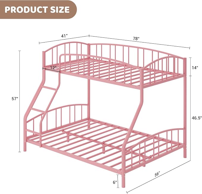 GarveeHome Metal Bunk Bed Twin Over Full, Heavy Duty Bunkbeds Frame with Arched Guardrail and Safety Ladder, Sturdy Steel Bed for Kids Boys Girls, Space-Saving, No Box Spring Needed, Pink