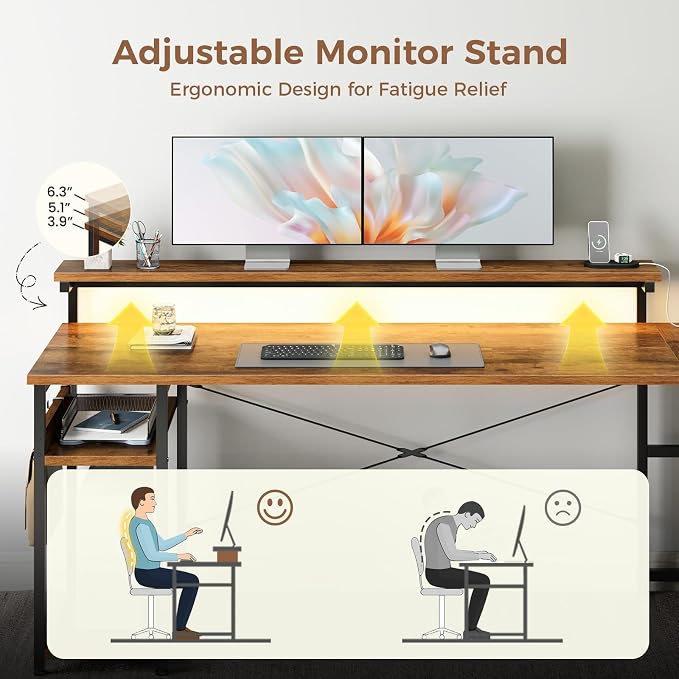 AODK 61" L Shaped Desk with Drawer, Computer Desk with Power Outlets & LED Lights, Reversible Corner Gaming Desks for Home Office Workstation, Office Table with Monitor Shelf, Vintage