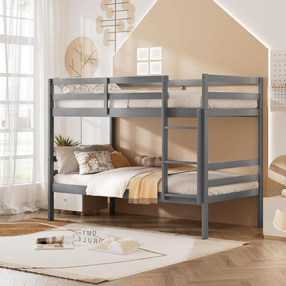 NAFORT Bunk Bed Twin Over Twin, Solid Wood Bunk Bed with Ladder and Safety Rails, Wooden Bed Frame for Kids Teens or Guests, Space-Saving Furniture for Bedroom Dorm, Gray