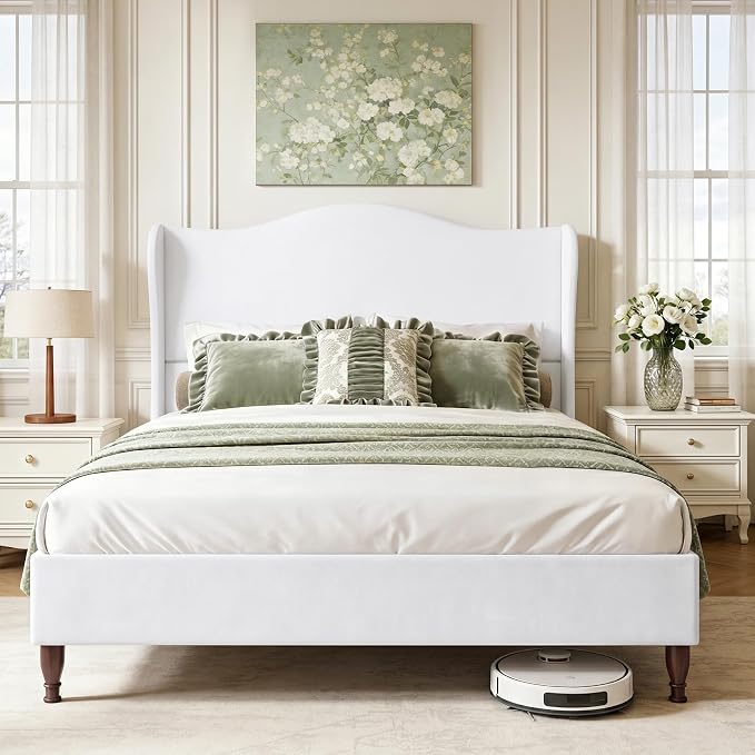Welzona King Size Bed Frame 51" Tall Wingback Headboard, Soft Fabric Upholstered Platform Bed with Solid Wood Legs and Wooden Slats Support, No Box Spring Needed, Easy Assembly,White