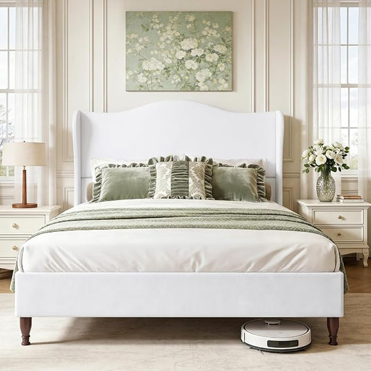 Welzona Full Size Bed Frame 51" Tall Wingback Headboard, Soft Fabric Upholstered Platform Bed with Solid Wood Legs and Wooden Slats Support, No Box Spring Needed, Easy Assembly,White