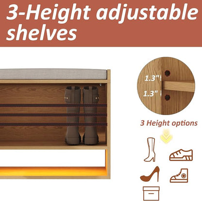 HOMEFORT 23.6" Fluted Shoe Storage Bench, Small Entryway Bench with Linen Seat Cushion, Shoe Cabinet Bench with Adjustable Shelf and Built-in LED Sensor Light, Bench for Bedroom End of Bed,Natural Oak