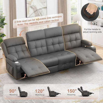 Reclining Couch, 113" PU Leather Sofa Recliner with Massage - 4 Seat Home Theater Seating Comfy Soft, Manual Wall Hugger Reclining with Lumbar Support Sofa Set for Family Living Room, Dark Gray