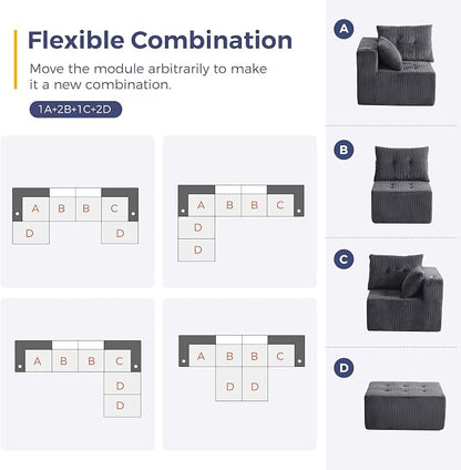 MAXYOYO 129.5" Modular Sectional Sofa Couch, U Shaped Modern Cloud Couch with 2 Ottomans, Sofa in A Box, Tufted 6-Seat Boneless Chair for Living Room, No Assembly Required, Grey
