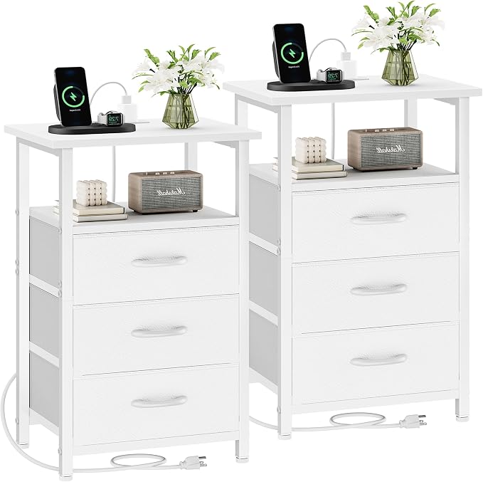 Vagusicc Nightstand Set of 2 with Charging Station, Bedside Table with USB Ports and Outlet, End Table Side Table with 2 Fabric Drawers and Storage Shelf, Bed Side Table Night Stand for Bedroom, White