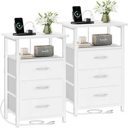 Vagusicc Nightstand Set of 2 with Charging Station, Bedside Table with USB Ports and Outlet, End Table Side Table with 2 Fabric Drawers and Storage Shelf, Bed Side Table Night Stand for Bedroom, White