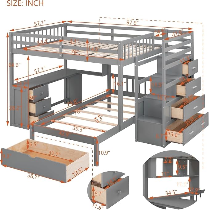 MERITLINE Full Over Twin L Shaped Bunk Bed with Stairs and Desk,Solid Wood L-Shaped Bunk Bed with Storage Drawers,Shelves,Ladder,Headboard and Guardrail,No Box Spring Needed (Grey)