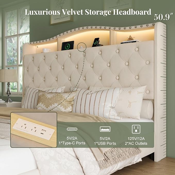 Belffin Queen Size Bed Frame and Headboard, 50.9" Velvet Upholstered Wingback Bedframe with LED Lights & Storage/Charging Station, Button Tufted Tall Footboard, No Box Spring Needed, Noise-Free, Beige