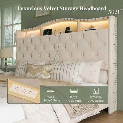 Belffin Queen Size Bed Frame and Headboard, 50.9" Velvet Upholstered Wingback Bedframe with LED Lights & Storage/Charging Station, Button Tufted Tall Footboard, No Box Spring Needed, Noise-Free, Beige