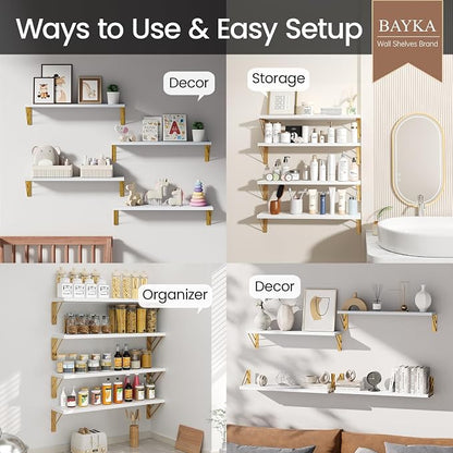 BAYKA Wall Shelves for Bedroom Decor, Floating Wall Shelf for Living Room Kitchen Storage, Mounted Rustic Wood Shelves for Kids Books, Corner Shelf for Bathroom(White and Gold，23in，Set of 4)
