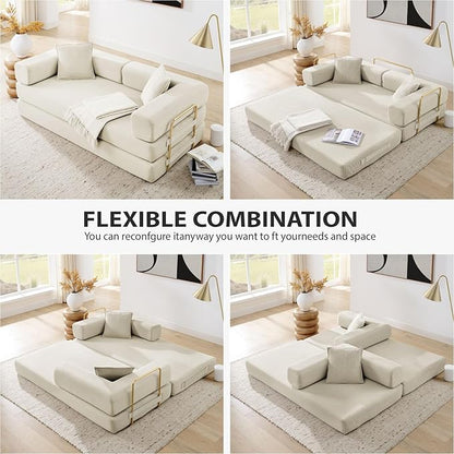 HANXIN 78 Inch Convertible Sleeper Sofa Bed, Folding Floor Mattress Couch with Fixed-Shape Frame, Futon Boneless Couch Lounge Loveseat with Pull Out Bed, No Assembly Required (Beige)