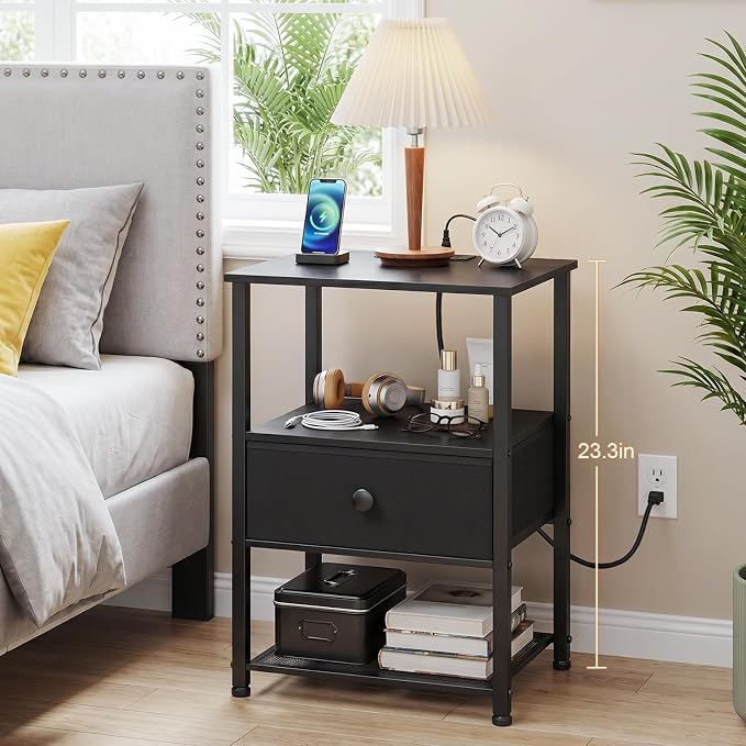 LOAKEKEL Nightstands Set of 2 with Charging Station, Night Stand with Fabric Drawer, End Tables Living Room with Storage Shelf for Small Spaces, Bed Side Tables for Bedroom, Black, HETS010BK