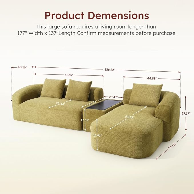 Relefree 136'' Modular Sectional Sofa, No Assembly Curved Sofa with Movable Coffee Table, High-Resilience Foam, Boneless Couch for Living Room, Oversized, Chenille, Thick Backrest, Green