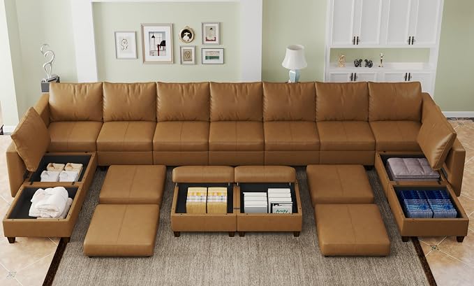 EASE MOOSE Faux Leather Modular Couch Sectional Sofa with Storage Ottomans, Oversized U Shaped Faux Leather Sectional Couch, Brown