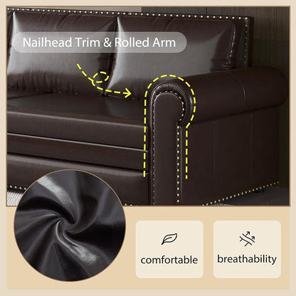 93.7" King Size Sleeper Sofa Bed, Pull Out Sofa Bed, Faux Leather Upholstery, 3 in 1 Convertible Sleeper Couch, Chaise Lounge, Retro Recliner for Living Room, Office, Apartment, Dark Brown