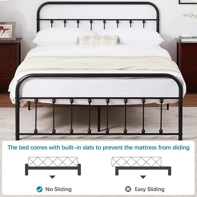 VECELO Black Victorian Style Metal Bed Frame with Headboard/Mattress Foundation/No Box Spring Needed/Under Bed Storage and Strong Slat Support King Size
