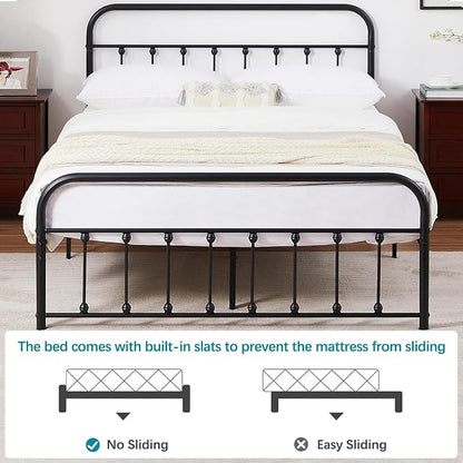VECELO Black Victorian Style Metal Bed Frame with Headboard/Mattress Foundation/No Box Spring Needed/Under Bed Storage and Strong Slat Support King Size