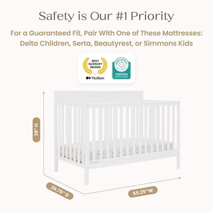Delta Children Isabelle 6-in-1 Convertible Crib, Converts to Toddler Bed, Daybed, Sofa & Full Bed with/Without Footbaord, Greenguard Gold Certified, Mattress Heights, Bianca White