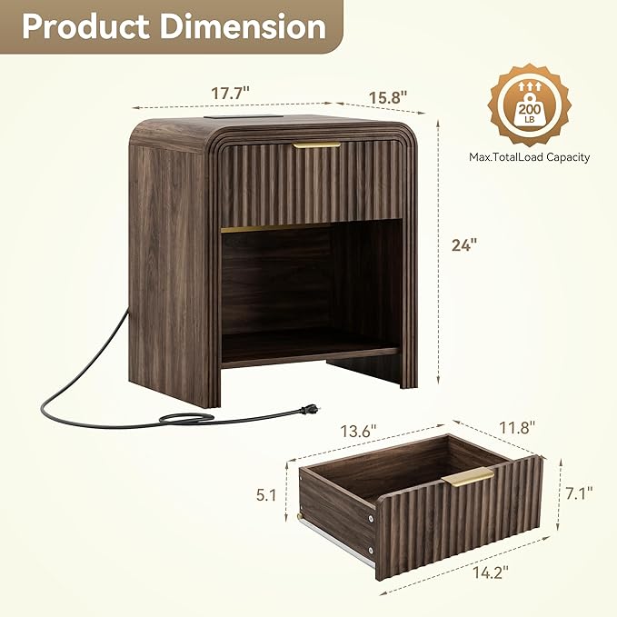 Decofy Fluted Nightstand with Charging Station, Modern Bedroom Side Table with Gold Handles, Curved Profile Design, End Table Wood Organizer for Bedroom, Open Shelf & 1 Drawers (1 Pack, Walnut)