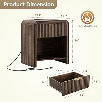 Decofy Fluted Nightstand with Charging Station, Modern Bedroom Side Table with Gold Handles, Curved Profile Design, End Table Wood Organizer for Bedroom, Open Shelf & 1 Drawers (1 Pack, Walnut)
