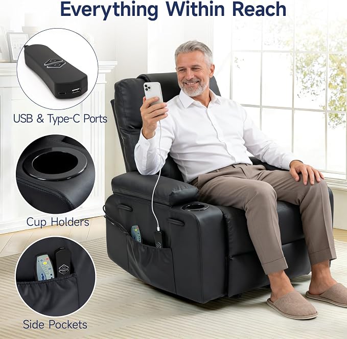 Brage Living Power Lift Recliner Chair for Elderly with Massage & Heat, PU Leather Electric Recliner with USB Charge Port, 160° Adjustable Recline, Stand Assist, Remote Control, Cup Holders (Black)