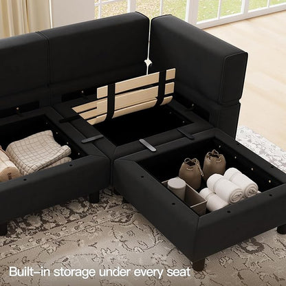 Belffin Modular Sectional Sofa Couch with Reversible Chaise Velvet L Shaped Couch Sofa with Storage 4-seat Convertible Sectional Sofas Black
