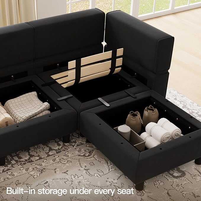 Belffin Modular Sectional Sofa with Reversible Chaises Velvet U Shaped Sectional Couch with Storage Seat Black