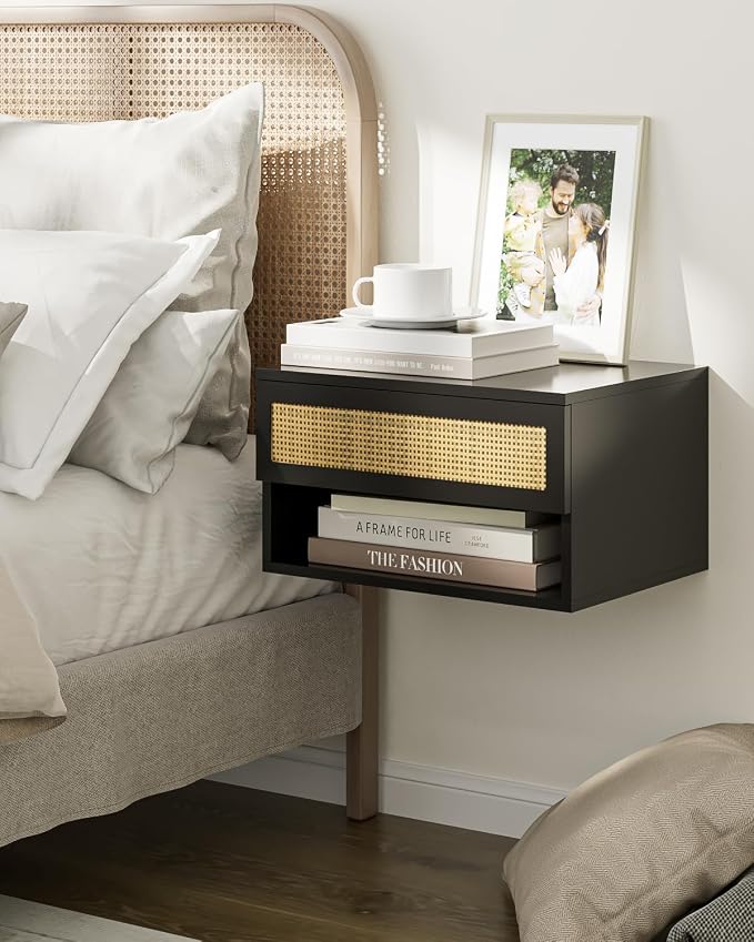 Floating Nightstand With Drawer - Small Modern Shelves for Bedroom, Bathroom (Black Rattan)