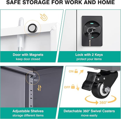 75" Tall Metal Storage Cabinet with Wheels,Rolling Garage Storage Cabinet with Lock,Gray White Metal Cabinets with Wheels and Shelves,Locking Tool Cabinets on Wheel for Garage,Home,Office,Shop