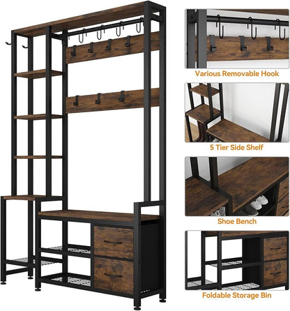Hall Tree for Entryway 43", Bench with Shoe Storage, Large Coat Rack Shoe Bench with 5 Tier Shelves, 5 in 1 Design Front Door Shoe Rack and Wall Rack Hooks, and 2 Drawers (Rustic Brown)