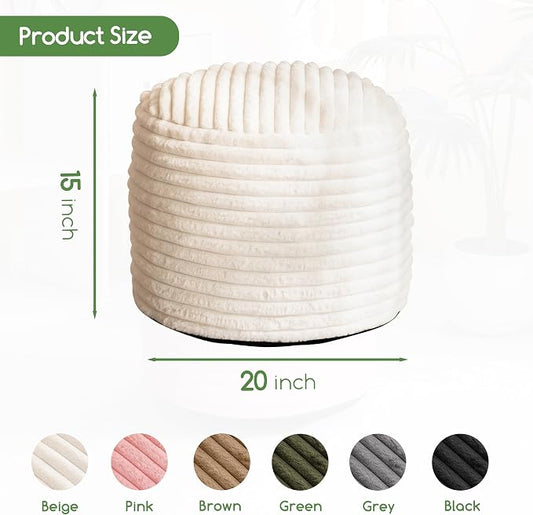 HIGOGOGO Round Stuffed Pouf Ottoman, Stripe Faux Fur Poufs with Foam Chunk Filling, Furry and Fluffy Pouf Foot Stool Storage Ottoman, 20 X 15 Floor Poufs Foot Rest for Living Room, Beige