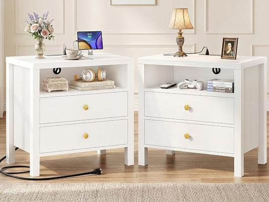 Aheaplus Nightstand with Charging Station, 23.6'' Large Bed Side Table with Wooden 2 Drawers, Night Stand for Bedroom, End Table with Open Storage Shelf for Living Room, Set of 2, White