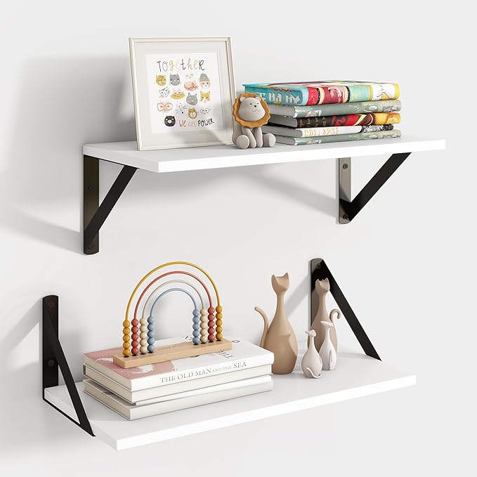 Axeman White Floating Shelves for Wall, 8 Inch Deep Wall Shelves Set of 2, 16''W x 8''D White Wood Shelves for Bookshelf Living Room Bedroom Home Office Bathroom