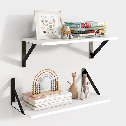 Axeman White Floating Shelves for Wall, 8 Inch Deep Wall Shelves Set of 2, 16''W x 8''D White Wood Shelves for Bookshelf Living Room Bedroom Home Office Bathroom
