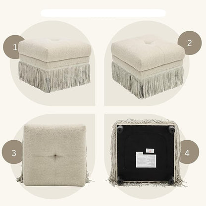 Hyfirm 22 Inch Square Beige Ottoman with Fringe for Living Room, Plush Modern Boho Upholstered Accent Pouf Ottomans Foot Rest for Bedroom, Footstool Ottoman End of Bed