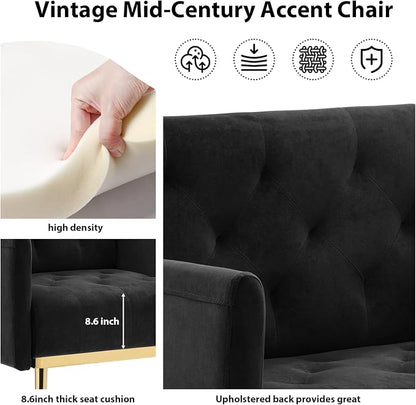 Black Accent Chair, Upholstered Velvet Armchair Comfy Modern Single Sofa Side Chair with arms and Metal Legs for Living Room Bedroom Reading