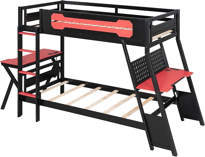 Merax Wooden Twin Over Twin Bunk Bed with 2 Side Desks, USB Desktop Ports and Pegboard Organizer, Gaming Bunk Bed for Gamer, Kids or Teens, No Box Spring Needed, Red