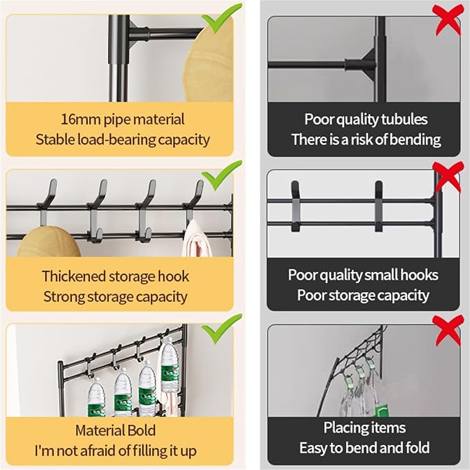 ikaufen 5-Tier Entryway Coat Rack Shoe Shelf, 2-in-1 Hall Tree with 8 Hooks, Thickened Plastic Storage Organizer for Shoes, Bags, Hats (Black/White) (White 80cm +8 Hooks+12 Bag)