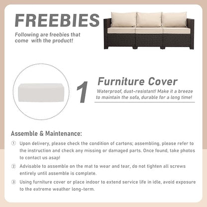 Rattan Star Outdoor Furniture Couch 3 Seater Sofa Outdoor Brown Wicker Sofa Deep Seat High Backrest Patio Couch with Non-Slip Cushions Waterproof Cover, Khaki
